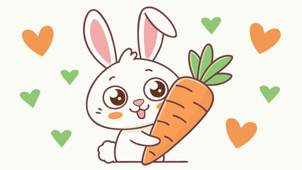 Delightful white rabbit holds a giant orange carrot amidst green and orange heart shapes with transparency