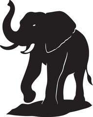 A black silhouette of a walking elephant with its trunk lifted silhouette