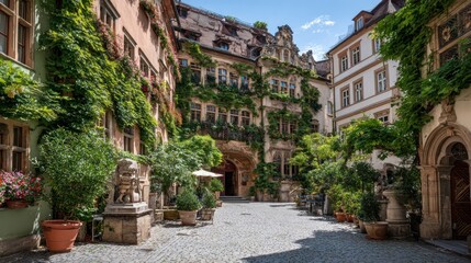 Fototapeta premium European courtyard filled with plants