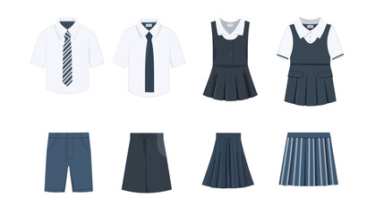 Top angle view of a series of different school uniforms arranged neatly, showcasing various styles, colors, and designs, ideal for education, fashion, student life, and cultural diversity concepts 