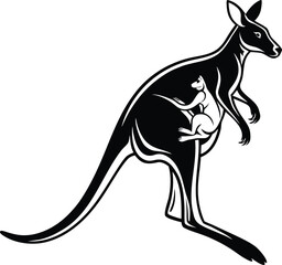 A kangaroo with joey in pouch in mid leap silhouette