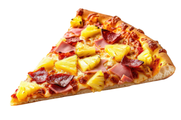 Pizza slice with pineapple, ham, and savory meat