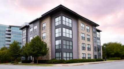 Fototapeta premium Modern multi story apartment building with stone and grey facade under a soft pink sky