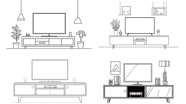 Minimalist line art vector illustration of a TV console unit featuring clean lines, simple shapes, and modern design, ideal for home decor, furniture catalogs, interior design concepts