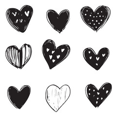 Hand drawn hearts set. Black and white hearts isolated on white background. Vector illustration.