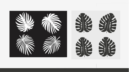 Obraz premium Collection of tropical leaves in black and white showcasing different leaf shapes and arrangements style | editable eps vectors silhouette