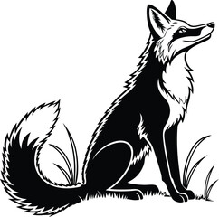 Obraz premium A sitting fox looking backward with its tail curled beside it silhouette