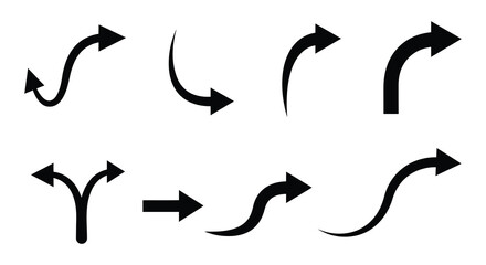 Set of Black Arrow Illustrations Pointing in Various Directions silhouette