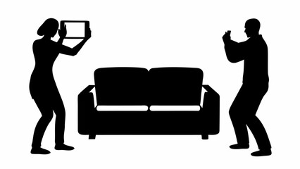 Silhouetted figures photographing a black couch with a tablet and phone in a bright white space | editable eps vectors