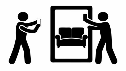 Two people photographing a couch one holding it in a frame and the other taking the picture with a phone | editable eps vectors silhouette