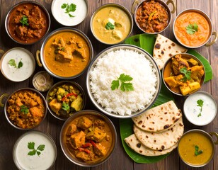 An array of Indian dishes, including various curries, rice, and flatbreads, served in small bowls on a wooden table