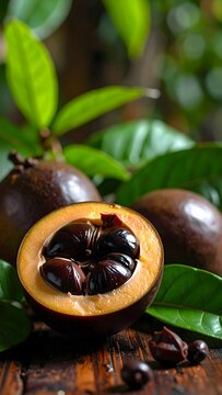 Ripe black sapote cut open revealing chocolate-like pulp