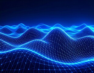 Abstract digital landscape of glowing blue nodes and lines forming undulating hills against a dark background