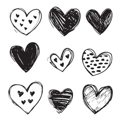 Hand drawn hearts set. Black and white hearts isolated on white background. Vector illustration.