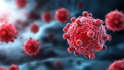 Tumor cells and microscopy concept. Microscopic depiction of a virus in a vibrant, abstract background.
