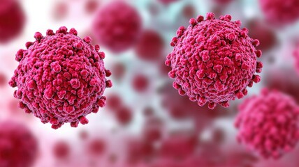 Tumor cells and microscopy concept. Microscopic view of virus particles in vibrant colors.