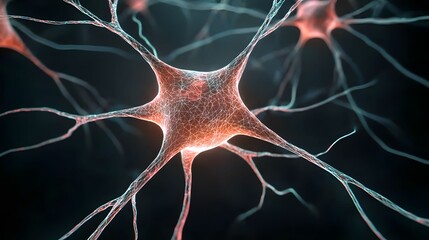 The image features a detailed, glowing neuron cell against a dark background, showcasing its intricate web-like structure and the delicate connections across its branching dendrites.