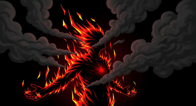 Fiery Figure: Abstract Humanoid in Flames and Smoke