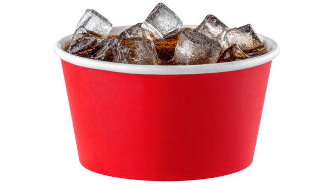 Cold drink with ice cubes isolated on transparent background refreshing beverage in red cup