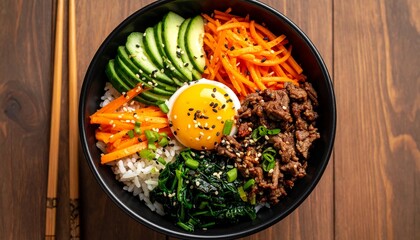 Top view of classic Korean Bibimbap dish 