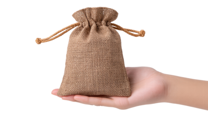 Small burlap sack isolated on transparent background held on hand with drawstring closure