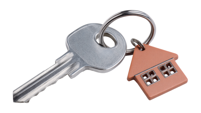 House key with keychain isolated on transparent background for real estate concept
