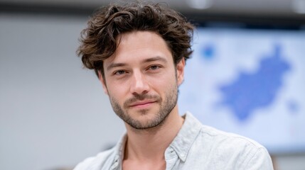 Obraz premium Young man with curly brown hair and beard looking at camera in a bright office