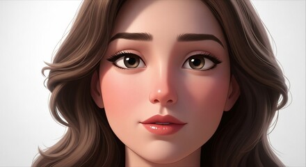 Fototapeta premium Cartoon Portrait of a Young Woman with Brown Hair and Eyes