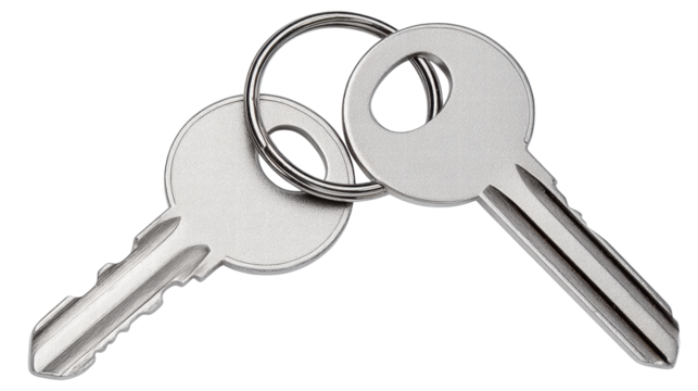 Two isolated silver keys on transparent background connected by metal ring - Powered by Adobe