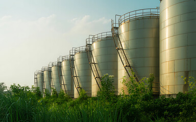 Fototapeta premium Row of large industrial storage tanks with ladders