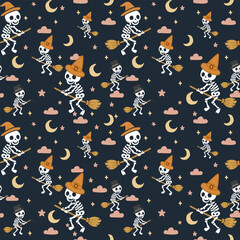 Halloween Witch Skeletons Flying on Broomsticks in the Night Sky