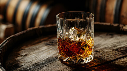 Whiskey on the Rocks: A classic spirit, aged to perfection, served in a cut crystal glass, resting on aged wood, hinting at depth and tradition.