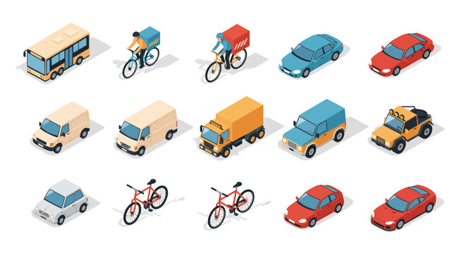Flat 3d isometric high quality city transport car icon set. Bus, bicycle courier, Sedan, van, cargo truck, off-road, bike, mini and sport cars. Urban public and freight vehihle 