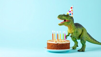 Fun Dinosaur Celebrates Birthday with Cake and Party Hat Still Life © MayStudio.ai