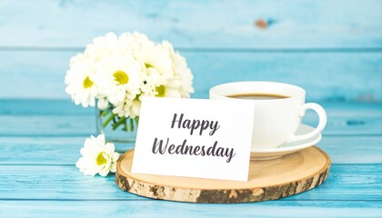 Flat Lay Happy Wednesday Card with White Flowers and Coffee Mug Still Life