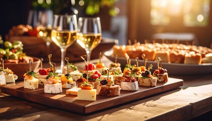 A table set with glasses of white wine and a variety of small, bite-sized appetizers, often referred to as canapés or hors d'oeuvres. It looks like a celebratory or social gathering.