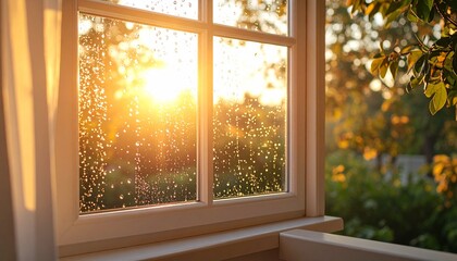Fototapeta premium Bright sunrise view through a rain-speckled window, creating a cozy morning atmosphere.