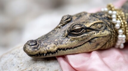 Obraz premium Close up of a decorative alligator head adorned with pearl and gold necklaces resting on pink fabric