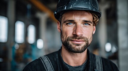 Worker smiles confidently, posing in a factory setting