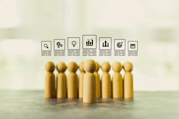 Wooden person stands with HR human resources icons for personal leader training skill or leadership and challenge business team player and organization management teamwork.