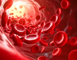 3D medical illustration of red blood cells flowing through a blood vessel, concept of circulation and health.