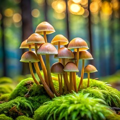 Fototapeta premium A group of delicate brown mushrooms emerges from lush green moss in a sundappled forest