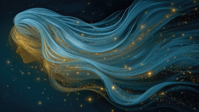Woman's profile, flowing teal and gold hair, ethereal, starry night