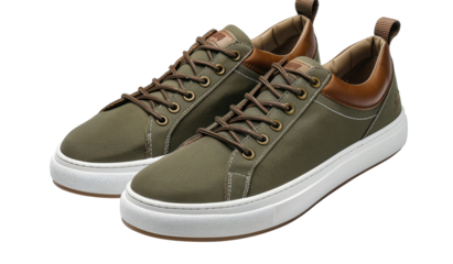 Olive green canvas sneakers with tan accents.  Pair of lace-up shoes with a padded collar.  Durable construction and a chunky sole