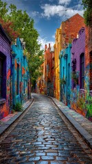 Fototapeta premium Colorful alleyway lined with vibrant buildings