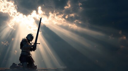 Armored warrior kneeling in prayer under divine light.