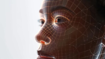 Close up of a digital human face with a grid overlay showing the facial recognition technology