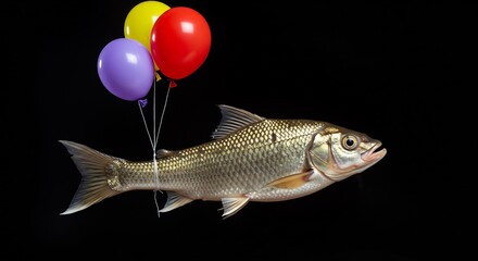 Silver fish joyfully floats upward buoyed by colorful balloons against stark black background. AI Generated