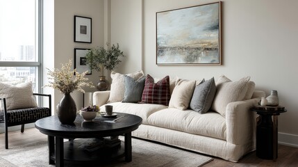 Fototapeta premium Contemporary neutral living room with a soft-textured sofa, black round coffee table, abstract wall art, and decorative pillows. Calm earthy color scheme.