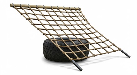 Tan rope climbing net playfully angled atop tire. AI Generated